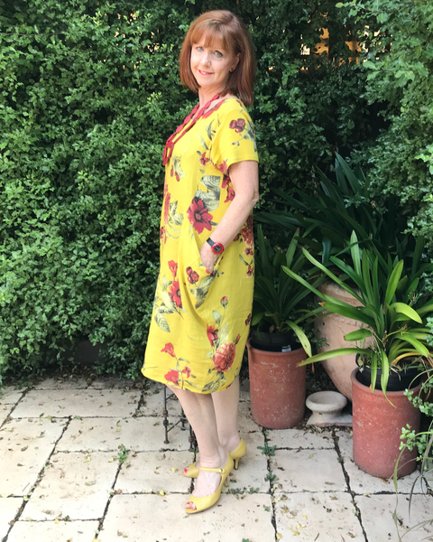Mustard linen floral dress