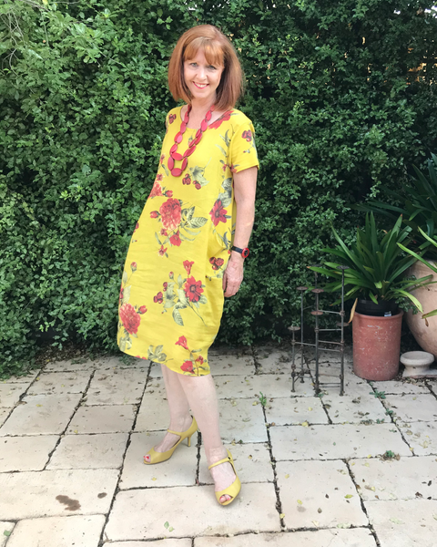 Mustard linen floral dress