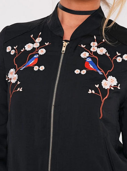 Birdie Floral Embroidered Black Satin Bomber Jacket