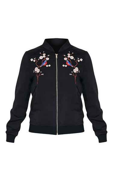 Birdie Floral Embroidered Black Satin Bomber Jacket